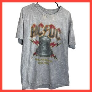 ACDC Hells Bells Back In Black Tour 1980 Graphic T-Shirt Grey Acid Wash 2XL